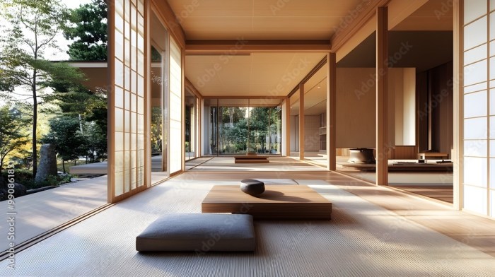 Photograph of a modern Japanese style home featuring a minimalist design with large open spaces ... Photograph of a modern Japanese style home featuring a minimalist design with large open spaces ...